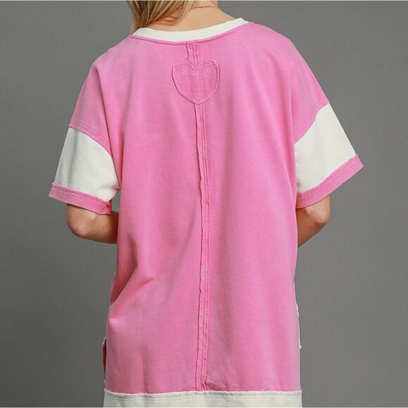 Umgee USA Umgee Mineral Wash ColorBlock Tunic Dress Pink White - Picture 2 of 7